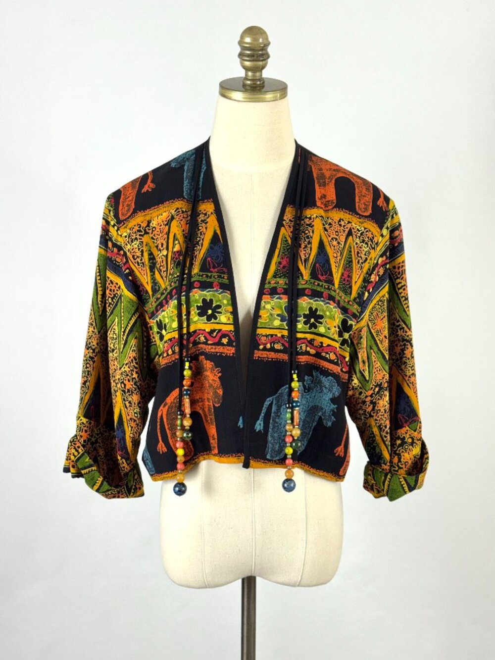Vtg 90s Platinum by Dorothy Schoelen Cropped Jacket Tribal Animal Beads Artsy